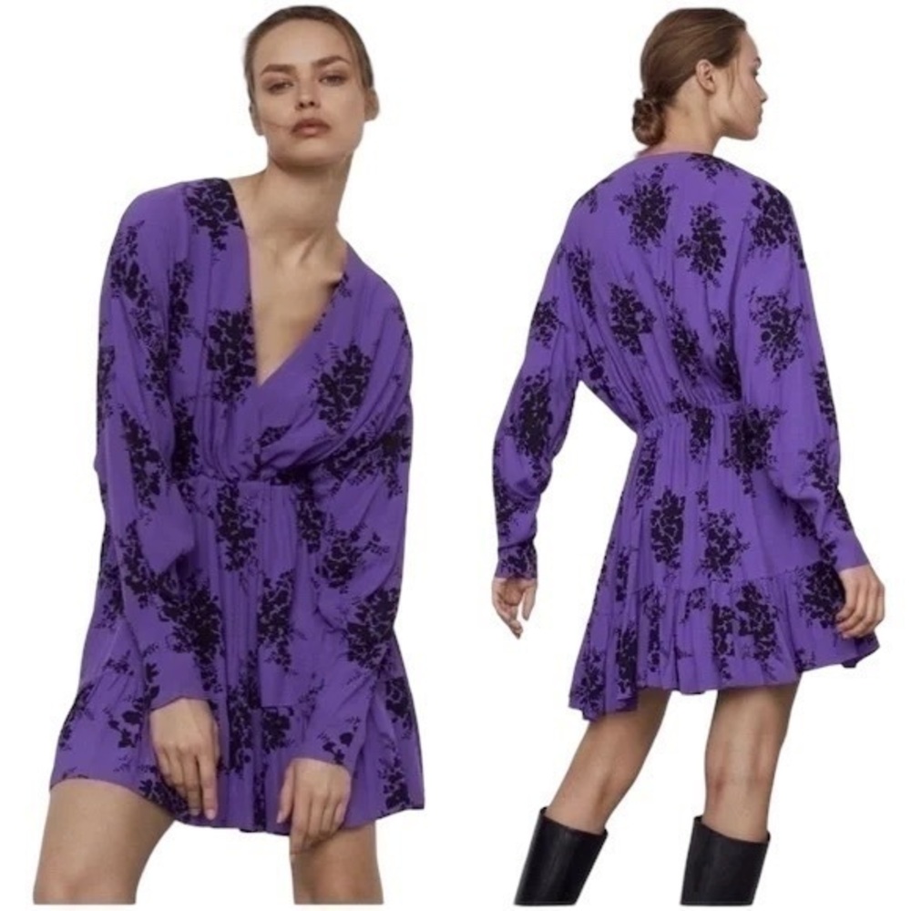 NEW Zara Floral Plunging VNeck Blouson Mini Dress in Purple & Black